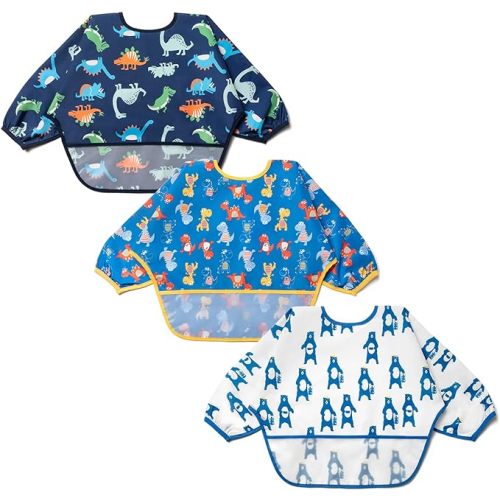 3 Pcs Long Sleeved Bib Set|Baby Waterproof Bibs with Pocket Bundle|Toddler Bib with Sleeves|Stain Resistance Smock 6-24 Month