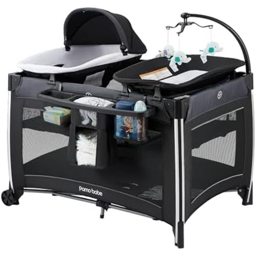 Pamo Babe 4 in 1 Baby Playards with Bassinet, Portable Crib with Toy Mobile