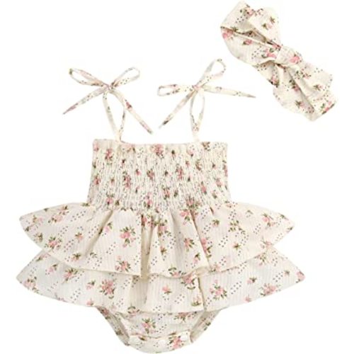 Baby Girl Floral Romper Dress Newborn Infants Sleeveless Summer Straps Dress Rompers Playsuit with Headband