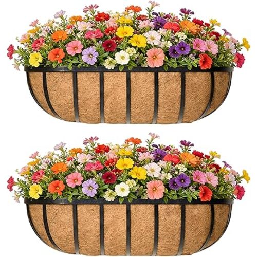 English Inviting Horse Trough Balcony Planter With Coconut LinerMetal Wall-Mounted Planter Box Deck Window Box 16 Inch (2 Pack)