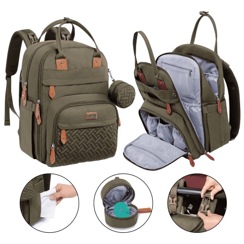 BabbleRoo, Diaper Bag Backpack, 26L, Insulated Pockets Army Green