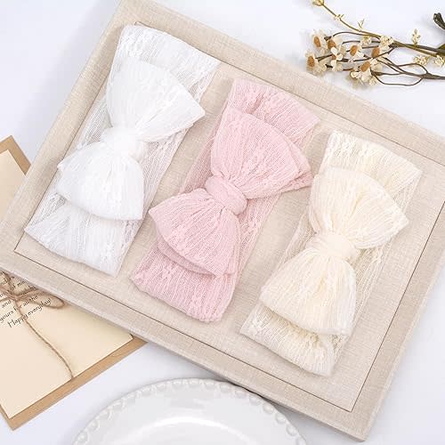 Handmade Baby Headbands Soft Stretchy Nylon Hair Bands with Bows for Newborn Infant Baby Toddler Girls- Pack of 3 (Set-A, 3 Count (Pack of 1))