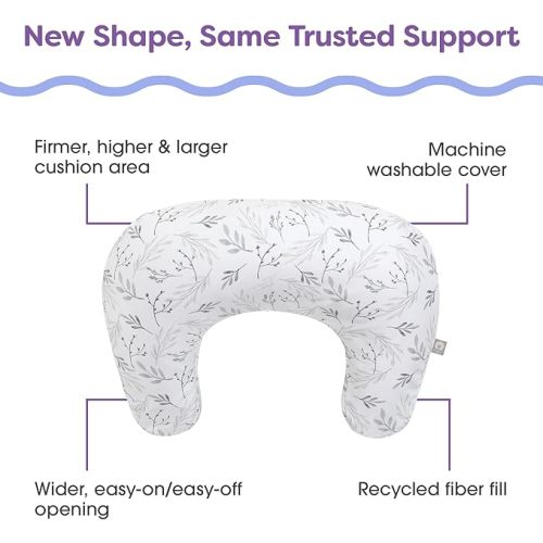 Boppy Nursing Pillow - Ergonomic Bottle & Breastfeeding Pillow with High, Firm, Large Area, Water-Repellent Cushion with Washable Cover; Baby Safety Alliance Verified - Gray Gentle Leaves