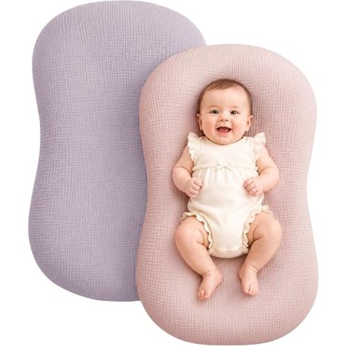 Muslin Baby Lounger Cover 2 Pack, Cotton Soft Breathable Infant Nest Slipcovers, Envelope Closure, Compatible with Snuggle Me Loungers, Machine Washable, Cover Only, for Girls Boys(Pink & Purple)