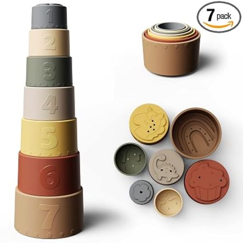 Moonkie Stacking Cups Toy, Fun Educational Baby Toys Silicone Soft Teething Toy, Age 6+ Months, 7 Piece Set