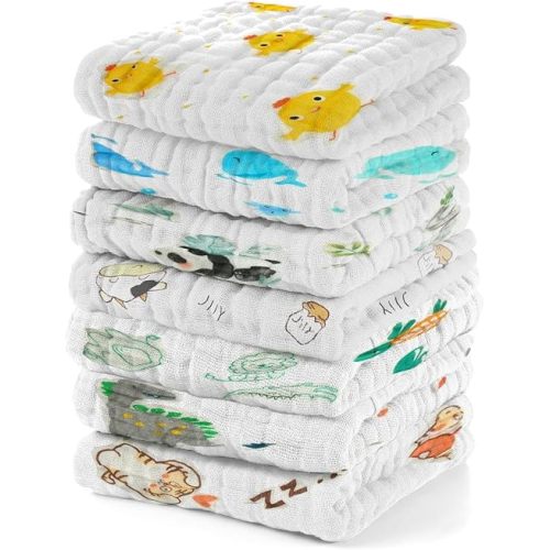 Muslin Baby Washcloths Pack of 7 - Animal Patterns, 100% Cotton, Burp Cloths, 10x10