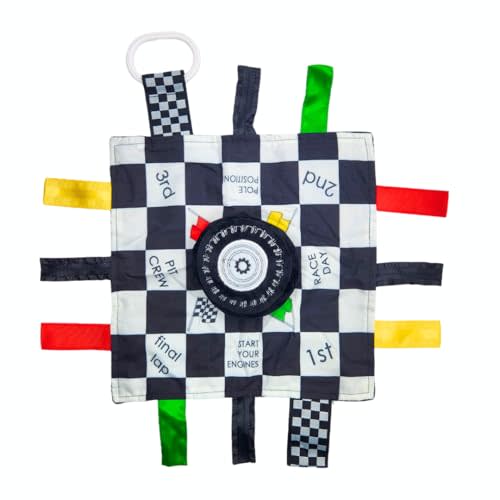 Baby Jack & Co 10x10” Racing Sports Lovey Sensory Plush Blanket - Tag Toy for Babies - Baby Stroller Toys - Learn Shapes, Letters & Colors - MVP Baby Tire Toy & Baby Sports Gift w/Stroller Clip