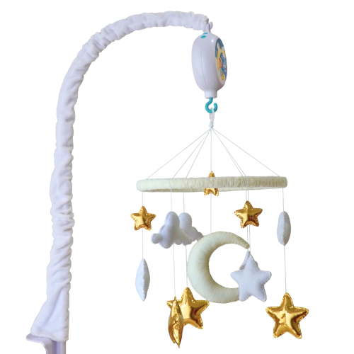 TINITIGIES Star & Moon Baby Crib Mobile with Music Box – Handmade Felt Nursery Mobile, 12 Piano Lullabies, Golden Star Theme for Visual & Cognitive Development