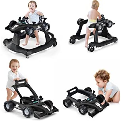HONEY JOY 4-in-1 Baby Walker, Activity Push Walker w/3 Adjustable Heights, Smooth Wheels w/Adjustable Speed, Padded Seat, Music & Light, Foldable Car Walker for Baby Boys Girls Age 6 Months+ (Black)