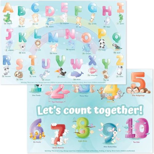 Bright Seed Disposable Placemats for Baby & Toddlers, Learning Mat- Animal1 | 40 Disposable Placemats, ABC, Numbers & Animal Learning, Perfect for Restaurants & Travel, Helps Keep Tables Clean