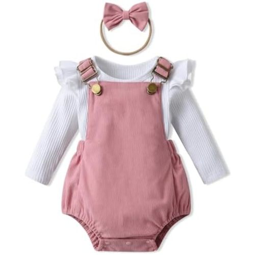KuKitty Newborn Infant Baby Girl Clothes Solid Ribbed Ruffle Sleeve Top and Overall Shorts with Headband