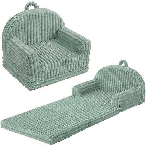 Blissful Diary Toddler Couch, 2-in-1 Comfy Toddler Chair & Lounger, Soft Flannel Fleece Kids Couch Sofa for Old Girls Boys Birthday Gift, Sage Green