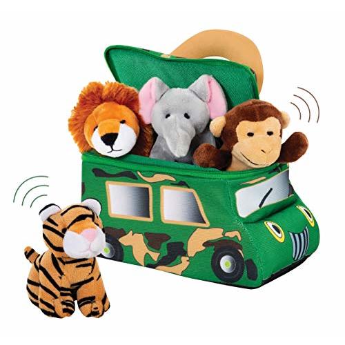 Bundaloo Plush Jungle Animals Set with Realistic Sound - Soft Stuffed Animal Toys with Safari Truck Carrier - Mini Tiger, Lion, Monkey, and Elephant
