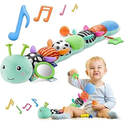 HEMRLY Baby Sensory Toy 0-6 Months, Musical Stuffed Caterpillar Plush with Teether, Crinkle, Rattle, Baby Mirror for Tummy Time, Infant Car Seat Toy for 0-3-6-12 Month Boys Girls Gifts - Leaf Blue