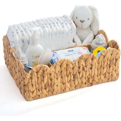 LifeLAZA Scalloped Water Hyacinth Diaper Caddy Basket, Handwoven Wicker Diaper Caddy & Changing Table Organizer with Dividers, Nursery Storage for Baby Essentials