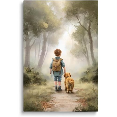 Boy & Dog Outdoor Adventure Nursery Wall Decor, Golden Retriever Puppy Poster for Kids Bedroom, Woodland Nursery Decor Canvas Print, Forest Adventure Wall Art for Baby Boys Room, Framed 12"x16"