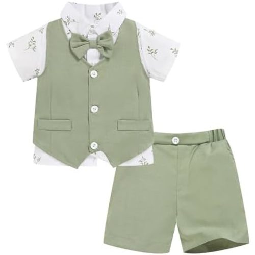 Toddler Boy Gentleman Outfits Short Sleeve Bowtie Shirt with Vest and Shorts Formal Wedding 3Pcs Suit Set