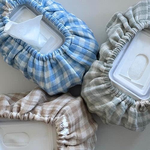 Baby Wipes Cover – Universal Size, One Size Fits All Wipes Packages | Muslin Cotton Tissue Cover for Nursery, Diaper Bag & Changing Table, Station | Gingham & Neutral Patterns (3-Gingham Blue)