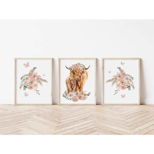 Baby Girl Highland Cow Art Prints - Set of Three Boho Floral Highland Cow Canvases- Girl Nursery Wall Art -Farmhouse Playroom Wall Art- A542