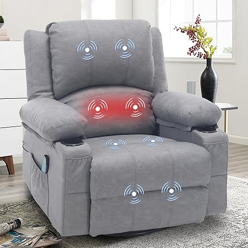 Leather Recliner Chair with Heat and Massage Cup Holder, Thickly Padded Overstuffed Rocking Glider Chair, Swivel Rocker Recliner Chair for Nursery, Vintage Grey