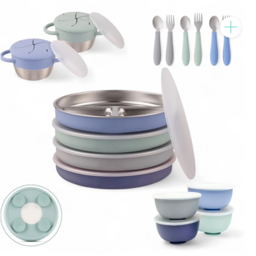 Stainless Steel Mealtime Bundle | Suction Sleeves | Plates, Bowls, Snack Cups + Toddler Utensils | 16 Pcs |  Sage/MistyBlue/Navy/Gray