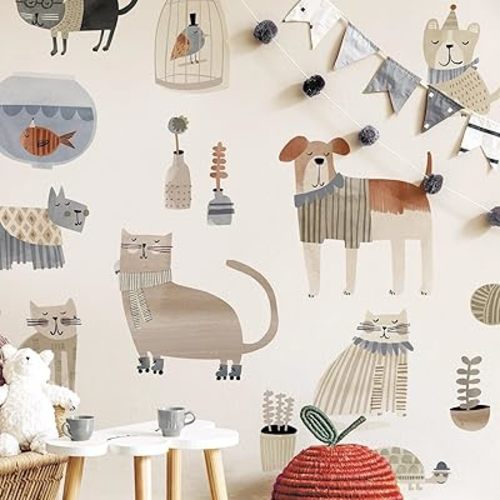 Dogs and Cats Wall Decal for Kids Room - Watercolor Dog Party Decorations - Cat Birthday Decoration - Dog & Cat Pet House Kit - Peel and Stick Cute Puppy & Kitten Decor for Pets