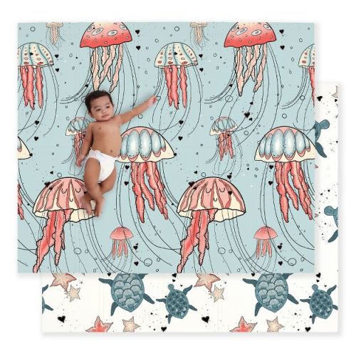 JumpOff Jo - Waterproof Foam Padded Play Mat for Infants, Babies, Toddlers, Play Pens & Tummy Time, Foldable Activity Mat, 70 in. x 59 in. - Seaside