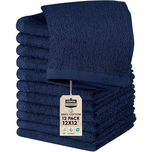 Utopia Towels 12 Pack Cotton Washcloths Set, 100% Ring Spun Cotton, Premium Flannel Face Cloths, Highly Absorbent and Soft Feel Fingertip Towels, Navy