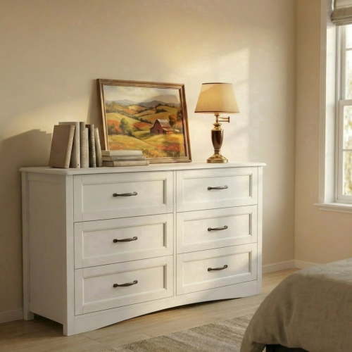 Lofka White Wooden 6 Drawer Dresser for Bedroom, Wide Storage Organizer Cabinet for Closet Living Room