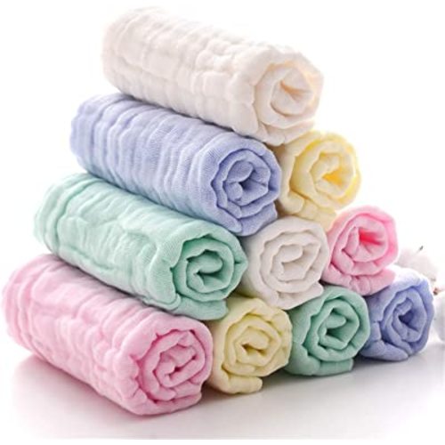 Baby Muslin Washcloths and Burp Cloths, Soft Absorbent Face Towels for Newborns,Natural Cotton Wipes for Sensitive Skin,Registry as Shower Gift, 10 Pack 12x12 inches by MUKIN (Multicolored)