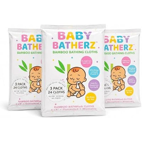 Baby Batherz™ Premium Newborn Bathing Cloths – No-Tub, No-Rinse Full Body Baby Bath, Safe for Umbilical Cord Care, Warmable, New Mom Essential, Not Diaper Wipes. 24 Total Cloths (3-Packs)