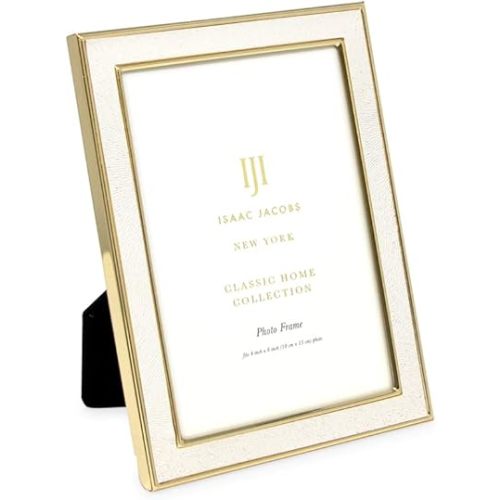 Isaac Jacobs 4x6 White Textured Leather (Vertical & Horizontal) & Gold Metal Picture Frame, with Black Fabric Easel, Wall-Mountable, Made for Tabletop, Home or Office (4x6, White W/ Gold)