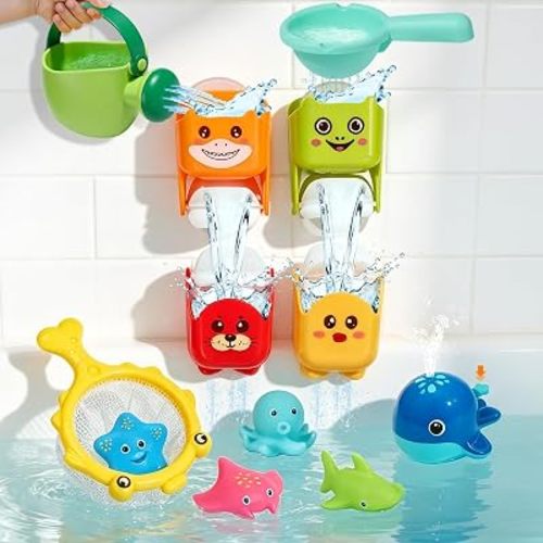 Baby Bath Toys for Kids Ages 1-3, Mold Free Toddler Bathtub Pool Water Table Toys for 1 2 3 Year Old Girls Boys, No Hole Floating Animals, Fishing Net Watering Can Tub Toys for Babies 12+ Months