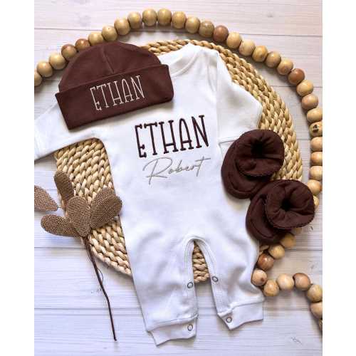 Baby Boy Coming Home Outfit Newborn Personalized Romper Optional Brown Hat Booties Monogrammed Baby Clothing Baby Shower Gift Take Home