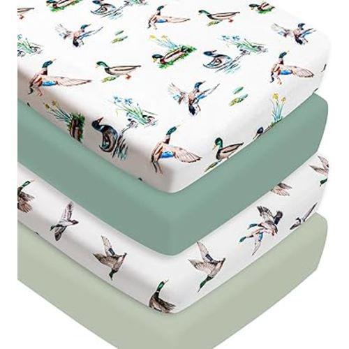 4 Pack Mallard Duck Baby Crib Sheets Neutral Unisex Breathable Fitted Nursery Sheets for Baby Girl or Boys (Crib Sheet)