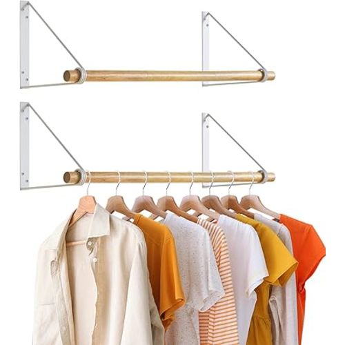 IBUYKE Wall Mounted Clothes Rack Set of 2, Wood Wall Mounted Clothes Rail, Space-Saving Hanging Closet Rod, Modern Wardrobe Coat Rack for Entrance, Wall, Door, Bathroom, Bedroom, White TYJ005W-2