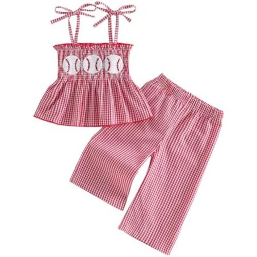 Yuemengxuan Toddler Baby Girl Summer Outfit Baseball Embroidery Plaid Tie Shoulder Smocked Tops and Pants 2 Piece Set
