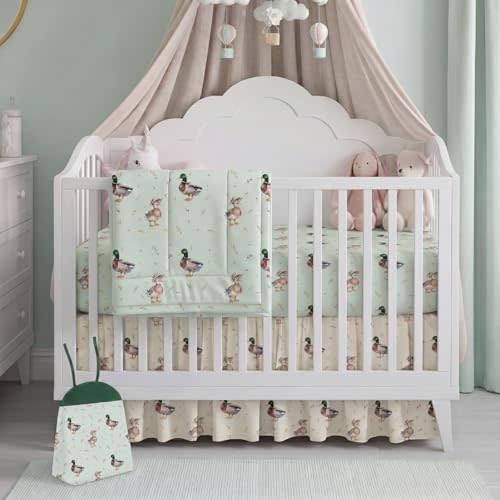 Hahafelt 4 Pieces Crib Bedding Set for Girls and Boys, Soft Baby Bedding Set Including Crib Skirt, Comforter, Sheet and Diaper Stacker for Nursery (Mallard Duck)