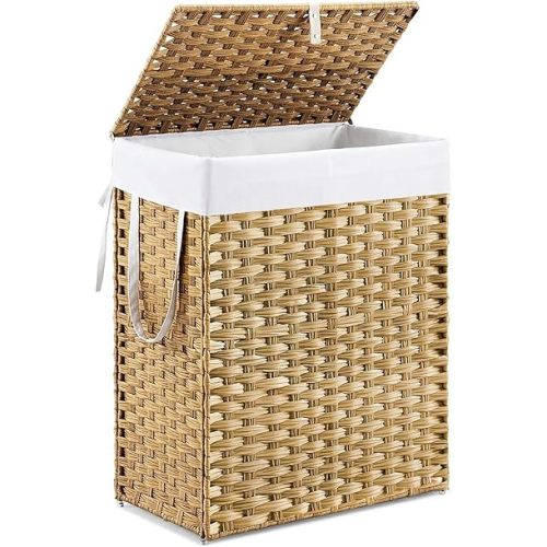 DUMOS Woven Laundry Basket with Lid, 90L Large Capacity Hamper, Removable & Machine-Washable Liner, Foldable Rattan Clothes Hamper, Sturdy Steel Frame, Odor Control, Goose Yellow