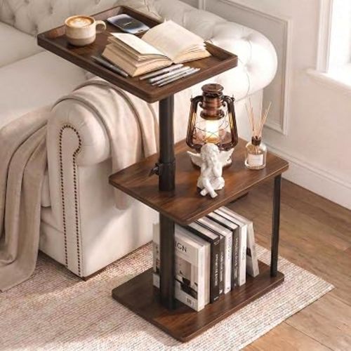 Faesun C Table End Table Adjustable Height, 360°Swivel TV Tray Table for Small Spaces, Small Nightstand for Living Room, Bedroom, Walunt