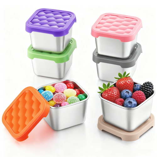 Vesteel 6-Pack Stainless Steel Snack Containers for Kids, 6oz Leak Proof Toddler Snack Containers with Silicone Lids, Stackable Metal Toddler Lunch Box for Daycare, School and Travel