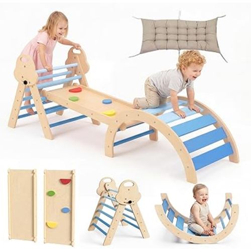 8-in-1 Wooden Climbing Set for Toddlers with Cushion, Foldable Montessori Indoor Climber with Arch, Ramp and Triangle Ladder, Natural Wood Play Gym for Kids 1-3