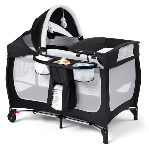 Kinder King 4 in 1 Portable Pack and Play, Baby Playard w/Bassinet, Large Playpen for Infant and Toddler, Newborn Changing Table, Adjustable Canopy, Storage Basket, Travel Bag, Black