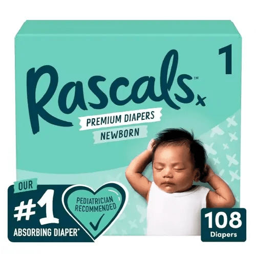 Rascals Premium Diapers, Size 1, 108 Count