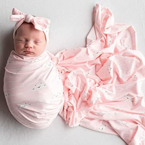 Luxury Rayon from Bamboo Headband & Baby Swaddle for Newborns 0-3 Months, Rose Petal Love Newborn Swaddle Blanket for Baby Girls, Hypoallergenic, Breathable & Buttery Soft