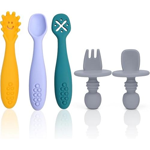 5Pcs Baby Spoons Self Feeding 6+Months, Toddler Fork and Spoon Set, Silicone Spoons Baby Led Weaning Infant Spoons First Stage For Babies Training Self Feeding