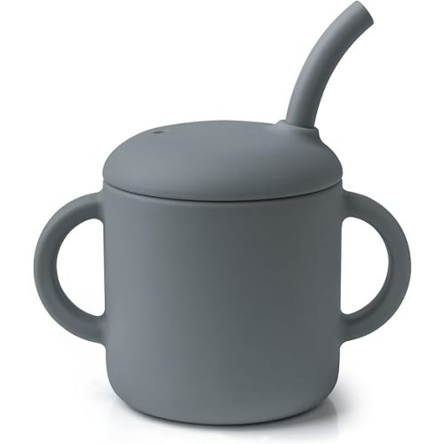 Silicone Baby Cup with Straw, Straw Cup for 6 Months+, Leak Proof, 6 fl oz (Grey)