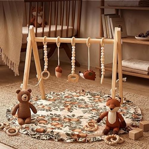 Wooden Baby Play Gym with Apple & Leaf Print Play Mat, Baby Gym with 5 Sensory Toys, Foldable Baby Activity Center Play Gym Frame for Newborn Infant Shower Gift