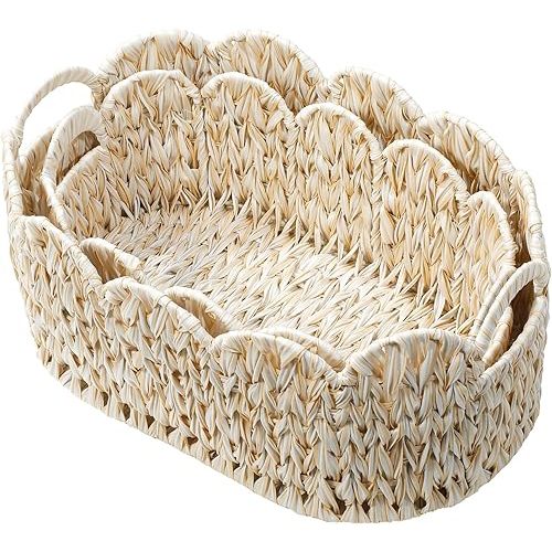 Wicker Scalloped Basket Set of 2,Woven Storage Baskets for Shelves,Closet,Laundry,Gifts,Towels,Books,Toys,Waterproof Boho Decor Basket for Organizing