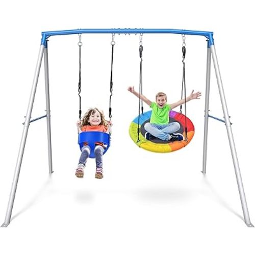 Trekassy Swing Sets for Backyard, 440lbs Heavy Duty A-Frame Metal Swing Stand with 1 Saucer Swing and 1 Toddler Swing Outdoor Kids Play Equipment for Playground Playset (Patented)